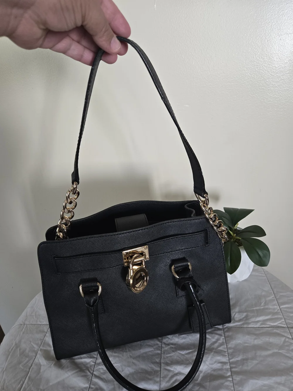 Michael Kors Black Saffiano Leather Satchel with Gold Hardware